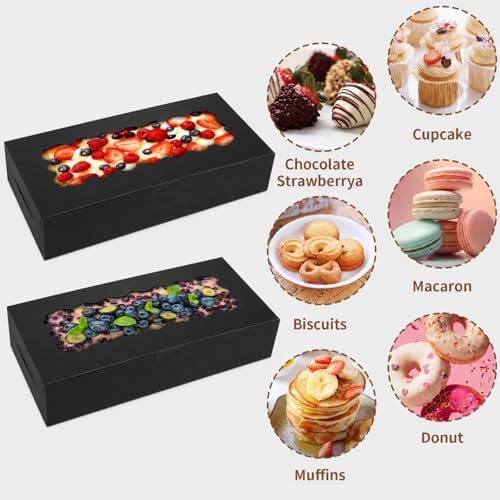 50 pcs Black Cookie Box,12x5.5x2.5 Inch Bakery Boxes with Window Pies Chocolate Strawberries Muffins Biscuit Pastry Dessert Box For Packaging - Image 3