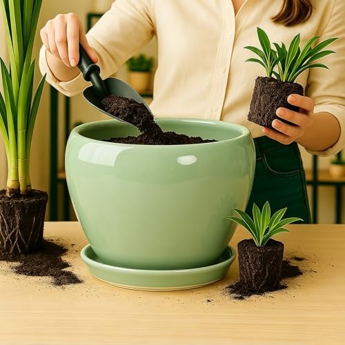 Deep Dream 10 Inch Plant Pot- Ceramic Planter Pot Round Plant Pots for Indoor Plants Outdoor Large Flower Pot with Drainage Holes & Trays, Mint Green - Image 4