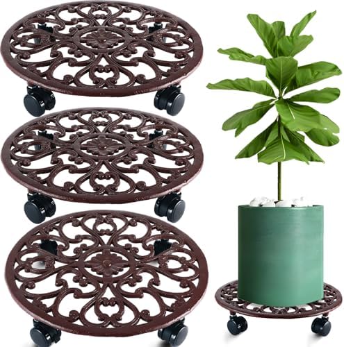 3 Packs 14 Inch Rolling Plant Stand with Wheels Metal Plant Caddy with Wheels Heavy Duty Round Plant Stand Indoor Iron Plants Rollers for Plants, Plant Dolly Brown by Planterhoma