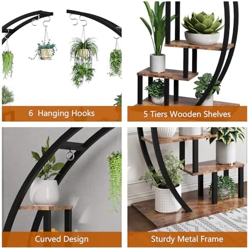 GarveeLife Plant Stand Indoor 2 Pack, 5 Tier Half Moon Plant Shelf, Tall Metal Large Plant Stands, Stylish Tiered Flower Storage Rack for Multiple Plants Hanging Display, Space-Saving (Brown+Black) - Image 4
