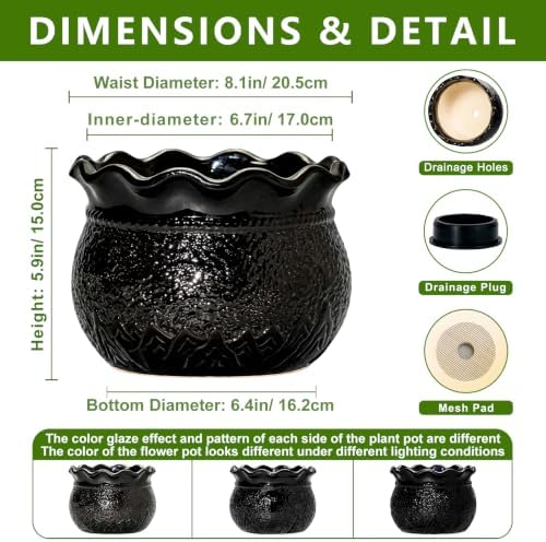 Ceramic Planter Pots, 8 Inch Plant Pot for Indoor Plants, Black - Image 2