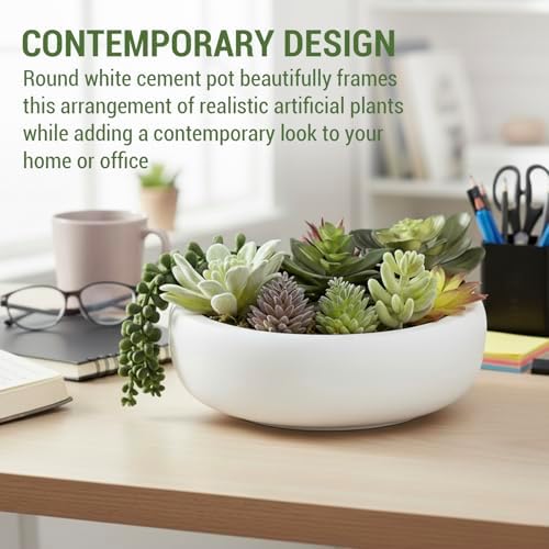 MyGift 8 Inch Round Modern Artificial Succulent Arrangement Potted in White Concrete Plant Bowl, Assorted Faux Mini Succulents in a Decorative Planter Pot - Image 2