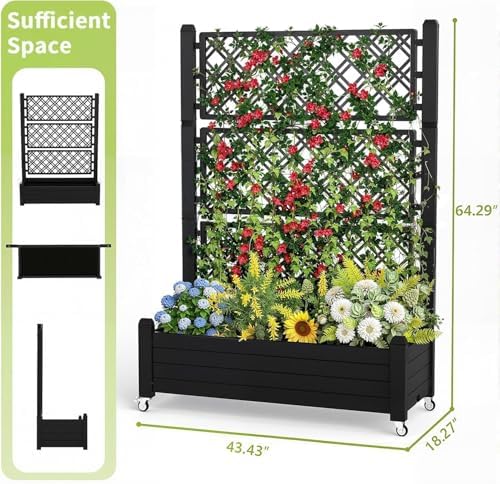 Vixzen 64" Tall Raised Garden Bed,Outdoor Large Resin Planter Box with Trellis and Drain Plug for Climbing Plants,Easy to Assemble,Water Monitor,Mobility(Black, 43.43"×18.27"×64.29") - Image 2