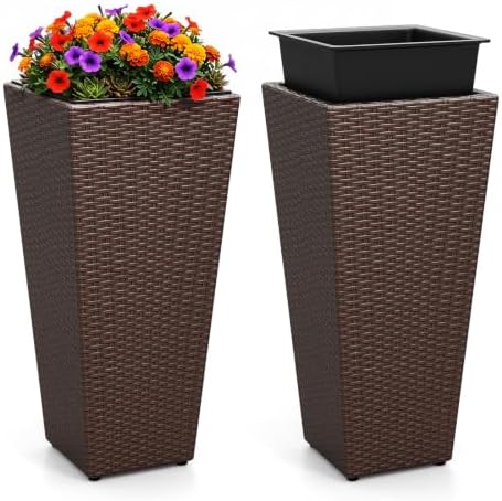 GIANTEX Tall Planters Set of 2, 24”H Tapered Rattan Planter, Brown by Giantex