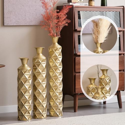 Tall Floor Vases Set of 3 for Decor Living Room Floor, Gold Vases Home Decor, Embossed Body Pattern, 33.5" H/29.5" H/25.2" H Geometric Cylinder (Gold 3) - Image 3