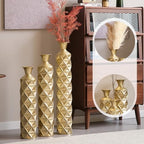 Tall Floor Vases Set of 3 for Decor Living Room Floor, Gold Vases Home Decor, Embossed Body Pattern, 33.5" H/29.5" H/25.2" H Geometric Cylinder (Gold 3) - Image 3