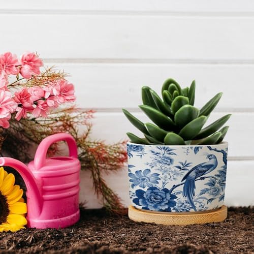 Blue Indigo Floral Chinoiserie Ceramic Planters Asian Navy Bird Snake Plant Live Indoor with Pot with Drainage Holes and Saucers Pot for Outdoor Garden Home Plant - Image 5