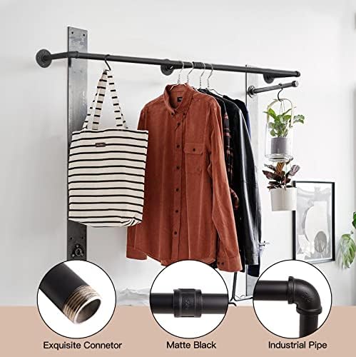 Clothes Hanger Pole Wall Mount, 72" Heavy Duty Detachable Black Iron Garment Bar Hanging Rod Holder, Clothes Rail Shelf Wardrobe Organizer for Laundry Room & Closet Storage, 3 Base - Image 3