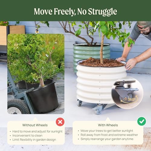 Rolling Metal Citrus Tree Planter Pot, 21″ Round Planter Box for Porch Patio & Backyard, 20 Gallon Large Planter Pot with Wheels for Growing Olive Trees Tomatoes Vegetables and Flowers, Modern Gray - Image 4