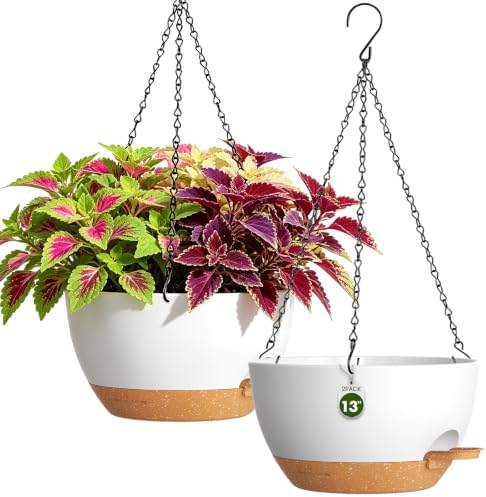 13 Inch Large Self Watering Hanging Planters 2 Pack with Saucers by Areutxbis
