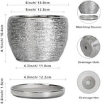 SQOWL Ceramic Plant Pots - 6 Inch Planter for Indoor Outdoor Plants, Modern Round Flower Pots with Drainage Hole and Saucer, Decorative Small Planter, Office Decor, Gifts for Women Men, Silver - Image 3