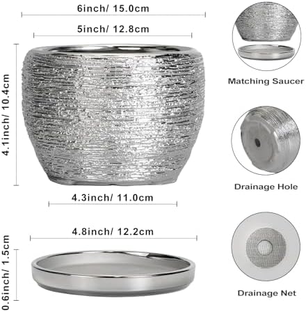 SQOWL Ceramic Plant Pots - 6 Inch Planter for Indoor Outdoor Plants, Modern Round Flower Pots with Drainage Hole and Saucer, Decorative Small Planter, Office Decor, Gifts for Women Men, Silver - Image 3
