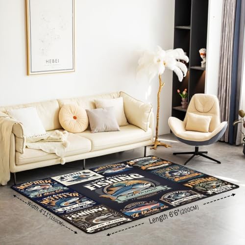 Erosebridal Fishing Area Rug 6'6" x 4'11" Patchwork Living Room Rugs Sea Bass Vintage Retro Poster Style Decorative Carpet Fishing and Hunting Theme Fish Indoor Floor Mat - Image 2