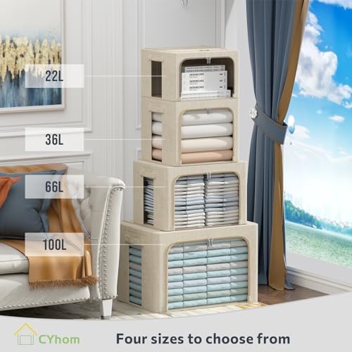 CYhom 3Pack Foldable Storage Bins - Frame Storage Box Linen Fabric Stackable Clothes Container Organizer with Clear Window & Carry Handles Large Capacity (Extra Large-100L, Beige) - Image 3