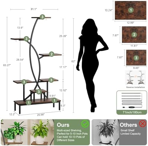 JUSTOGO Plant Stand Indoor with Grow Lights - Tall Indoor Plant Shelf - Image 5