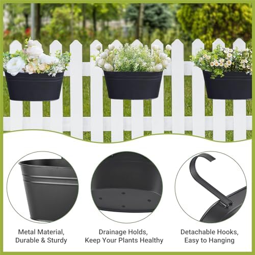 Dahey 10.5 Inch Metal Hanging Flower Pots 5 Pcs Outdoor Railing Planter Box - Image 3