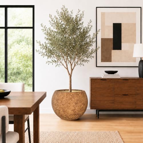 17" H x 21" Dia Round Brown Fiberstone Planter Pot with Drainage Hole, Lightweight UV-Resistant Stone-Look Decorative Planter for Olive Trees, Large Plants & Indoor Outdoor Patio, Porch & Garden - Image 4