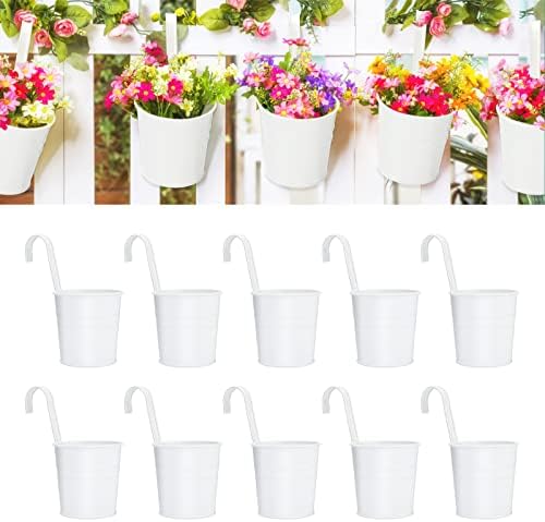 KINGLAKE Flower Pots,10 Pcs Metal Iron Hanging Flower Plant Pot Balcony Garden Plant Planter Baskets Fence Bucket Pots 6.3'' Flower Holders with Detachable Hook White by KINGLAKE