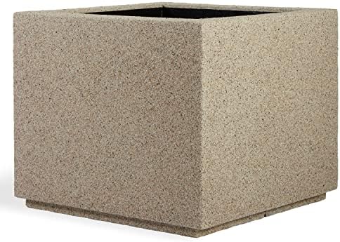 PolyStone Monterray Modern Outdoor/Indoor Square Planter - 23" x 23" x 19" H - Lightweight Weather Resistant Stone-Look Resin Planter - Commercial & Residential - Sandstone Granite by PolyStonePlanters