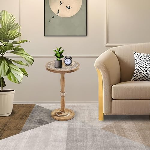 Hand-Carved Solid Wood End Table - 12x22 White Wash Finish Accent Side Table for Living Room, Bedroom Nightstand, Small Pillar Table for Plants or Décor - Image 5