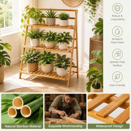 COSTWAY Bamboo Plant Stand, Foldable Multifunctional Flower Display Ladder Shelf, 3-Tier Storage Rack - Image 5