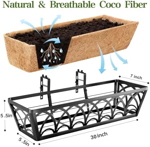30 Inch Railing Planter Box Window Boxes Planters - 2 Pack Deck Railing Planter Boxes with Adjustable Brackets Coco Liners Balcony Planters Railing Hanging for Window Flower Boxes Outdoor Garden Decor - Image 2