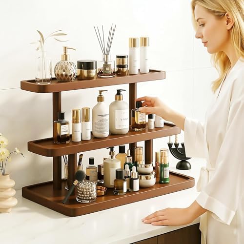 GDQ Brown Pine Wood Perfume Organizer, Perfume Cabinet Vanity Storage Stand - Image 2