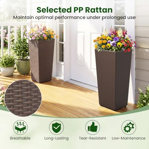 GIANTEX Tall Planters Set of 2, 24”H Tapered Rattan Planter, Brown - Image 5