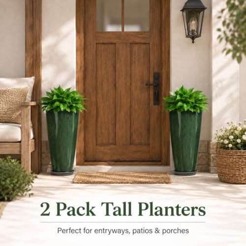Neoaider Set of 2 Tall Planter, 21 inch Large Plastic Planter, Dark Green - Image 4