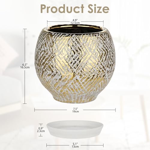Ceramic Plant Pots for Plants Indoor 7.5 Inch Round Gold and White Flower Pot Gilded Decorative Planter with Drainage Hole and Saucer Modern Ceramic Pot for Succulents Orchids Cactus Herbs Home Decor - Image 3