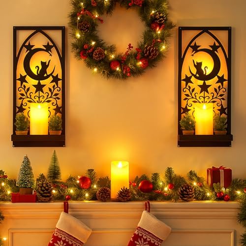 Metal Wall Candle Sconce Set of Two, 15.7 x 7 in Gothic Candle Holder with Foldable Shelf, Moon & Cat Black Metal Wall Art for Living Room Bedroom Hallway, Cat Lovers & Home Decor - Image 6