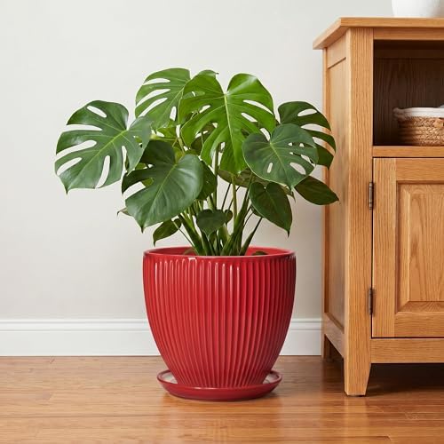 10 Inch Plant Pot, Ceramic Planters with Saucer, Red - Image 6