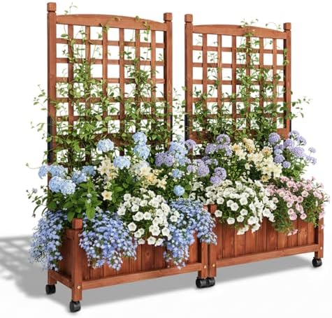 VINGLI 2PC Wooden Planter with Trellis, 50" Height Elevated Garden Beds Outdoor with Wheels, FreeStanding Planter Box with Drainage Holes for Flower, Vegetable, Fruit, Herb in Garden, Patio, Balcony by VINGLI