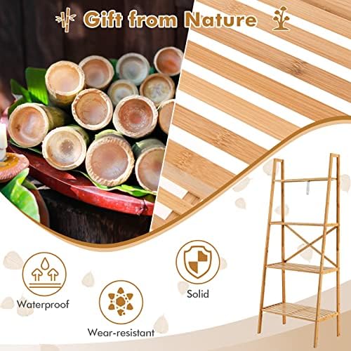 Tangkula 4-Tier Bamboo Ladder Bookshelf, Rustic Bookcase, Floor Standing Shelving Unit, Book Shelf Storage Organizer, Display Rack for Living Room, Kitchen, Bedroom, Office (1, Natural) - Image 4