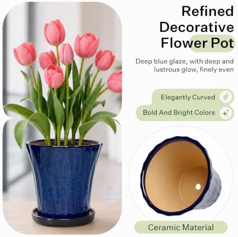 8.3 Inch Ceramic Planters with Drainage Hole and Saucer,Indoor Outdoor Large Flower Pots, Garden Pot for Plant Lovers (Blue) - Image 3