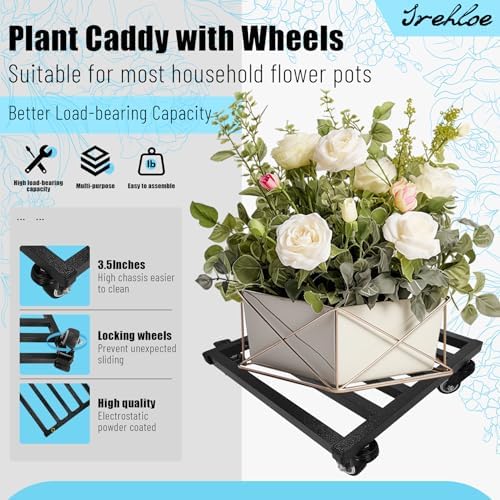 2PCS 12 Inch Plant Caddy with Wheels Lockable Heavy Duty Trolley Large Metal Square Plant Dolly Plant Roller Base Potted Stand Suitable for Indoor Outdoor Plant Pots Black - Image 3
