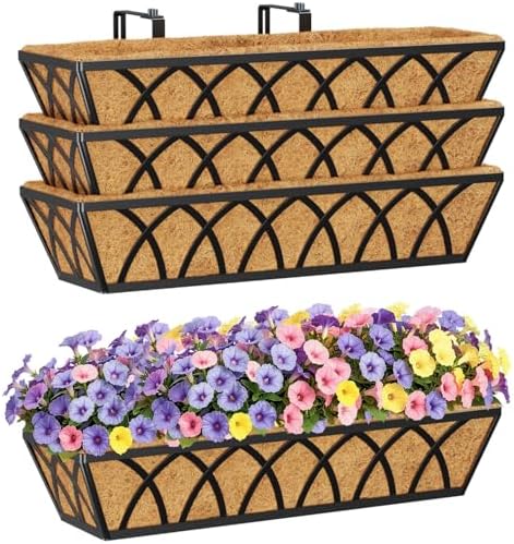 HFHOME 24 inch Railing Planter Box - 4 Pack Metal Window Trough with Coconut Coir Liners, Flower Basket for Deck Railings Balcony or Porch to Display Plants and Flowers by HFHOME