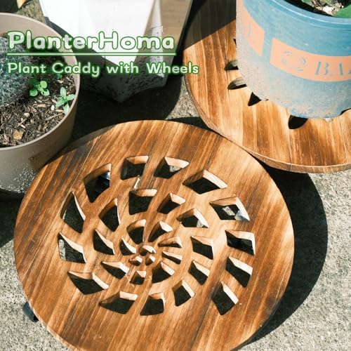 4 Pack Plant Caddy with Wheels Heavy Duty 12 Inch Wooden Plant Stand with Wheels Plant Dolly Rolling Plant Stand Plant Roller with Casters for Indoor and Outdoor with 4 Pack Plant Saucers, Round - Image 2