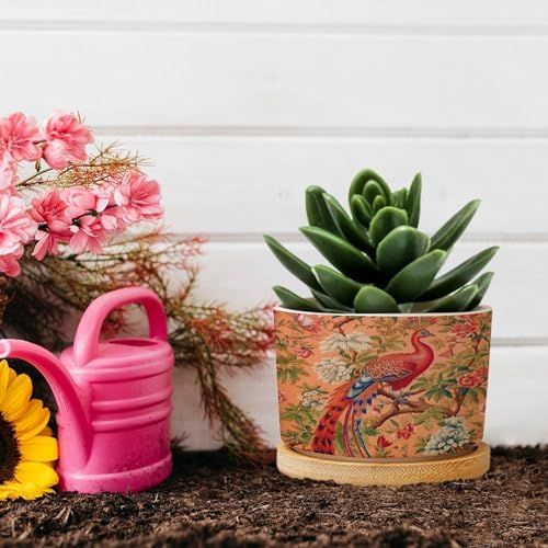 Blush Chinoiserie Bird Planter Ceramic Hydrangea Peacock in Coral Round Plant Pots with Drainage Holes and Bamboo Tray Pot for Home Desktop Office Windowsill - Image 5