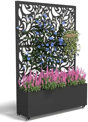Metal Planter Box with Trellis,70.9"x47.2"x15.7" Raised Garden Bed with Drainage Holes, Privacy Planters for Outdoor Garden Bed for Climbing Plants,Vegetables,and Vines, Black-Flower by FOLAWO