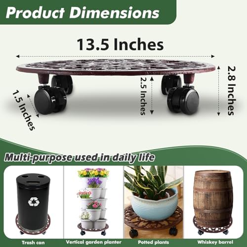 3 Packs 14 Inch Rolling Plant Stand with Wheels Metal Plant Caddy with Wheels Heavy Duty Round Plant Stand Indoor Iron Plants Rollers for Plants, Plant Dolly Brown - Image 4
