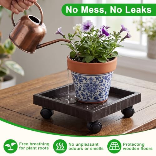 Cabilock Square Plant Stand Caddy Plant Saucer Tray with Wheels Flower Pot Tray Caster Wheels (Black) - Image 6