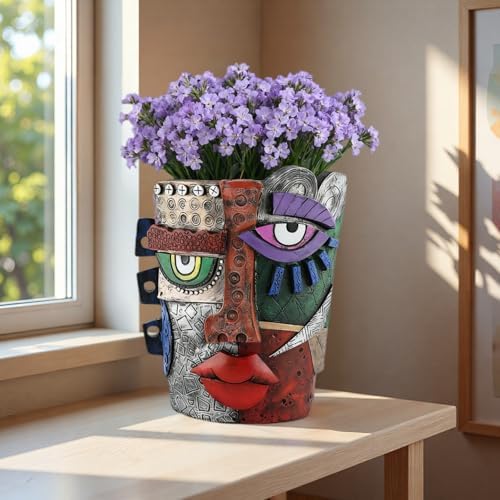 Picasso Abstract Face Flower Pot,Unique Resin Crafted Planter with Drainage Holes,Interesting Colorful Planter with Human face,for Indoor and Outdoor Botanical Home décor (Serious) - Image 5