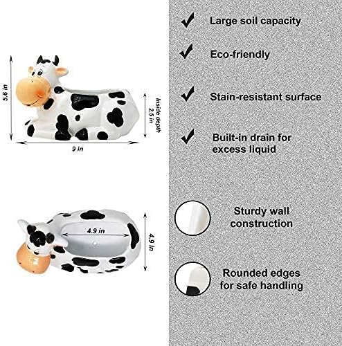 Cow Planter Pot - Cow Print Party Decoration Supplies - Garden Backyard Cow Stuff Statue - Flower Ceramic Succulent Planter - Plantador de Vacas - Large 9" with Drain - Image 7