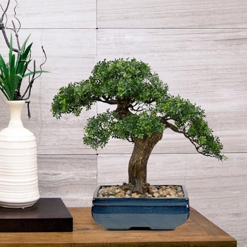 Artificial Bonsai Tree Juniper Faux Plants Indoor Fake Plants Decor with Blue Square Ceramic Pots for Home Table Office Desk Bathroom Shelf Bedroom Living Room Farmhouse Decorations - Image 3
