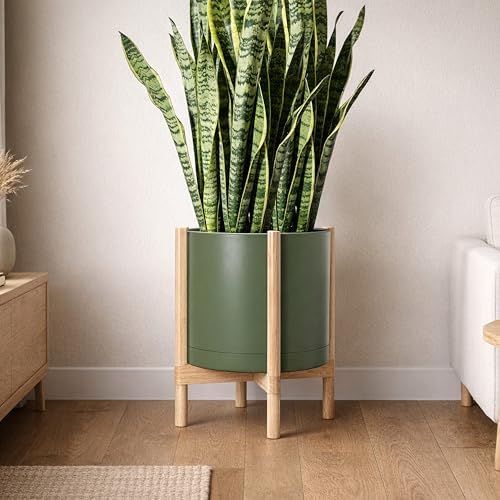 D'vine Dev Plastic Pot with Natural Wood Stand, Olive, 16 in, 55-C-Y-3 - Image 4