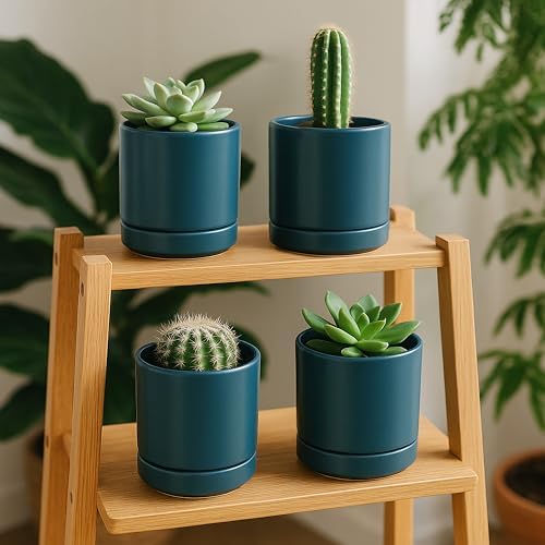 D'vine Dev 4-Pack Ceramic Pots with Saucers, Teal, 4.7 in, 94-X-B-9 - Image 5