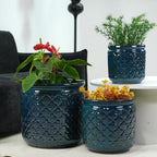 9 Inch Ceramic Planters, Set of 3, 15/12/9 Inch, Navy Blue Geometric by Noeko