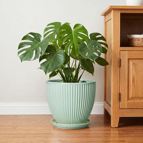 10 Inch Planter Indoor, Ceramic Pots with Saucer, Mint Green - Image 6