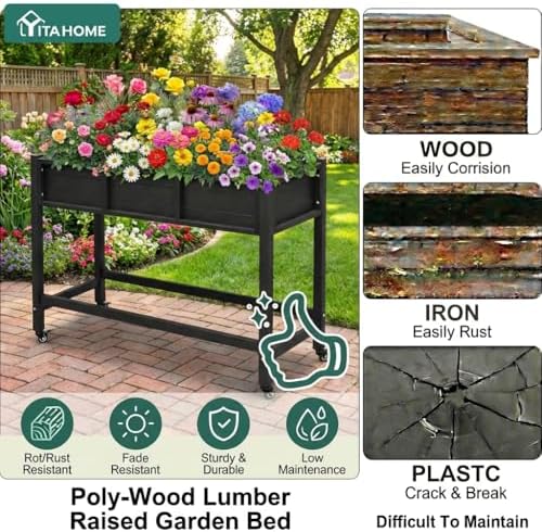 YITAHOME Raised Garden Bed HDPE, 47x18x31 in Raised Planter Box with Legs Poly-Wood Weather-Resistant Elevated Planter Box with Lockable Wheels for Vegetables, Black - Image 4